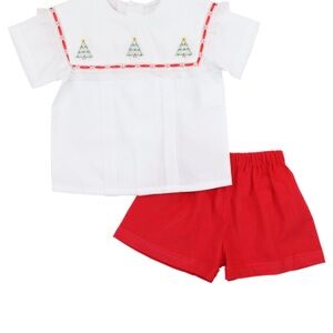 Cecil & Lou Red Corduroy Embroidered Christmas Tree Short Set